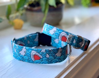Collare per cani Sharks - Martingala - Sgancio rapido - Senza fibbia scorrevole - Guinzaglio - Collari per cani fatti a mano