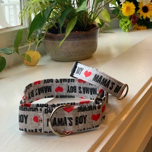 May include: Two grey and white dog collars with red hearts and the text "Mama's Boy" printed on them.