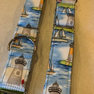 Ocracoke Lighthouse Dog Collar- Martingale- Quick Release- No Buckle Slide- Leash- Handmade Dog Collars