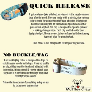 Pu&ograve; includere: Un collare per cani blu e bianco con motivo e fibbia a sgancio rapido. Il collare &egrave; progettato per cani con gola sensibile e non ha fibbia n&eacute; etichetta. Il testo "Quick Release" e "No Buckle/Tag" &egrave; stampato sull'immagine. Il testo "Tinky Stinky" &egrave; stampato su un secondo collare nell'immagine.