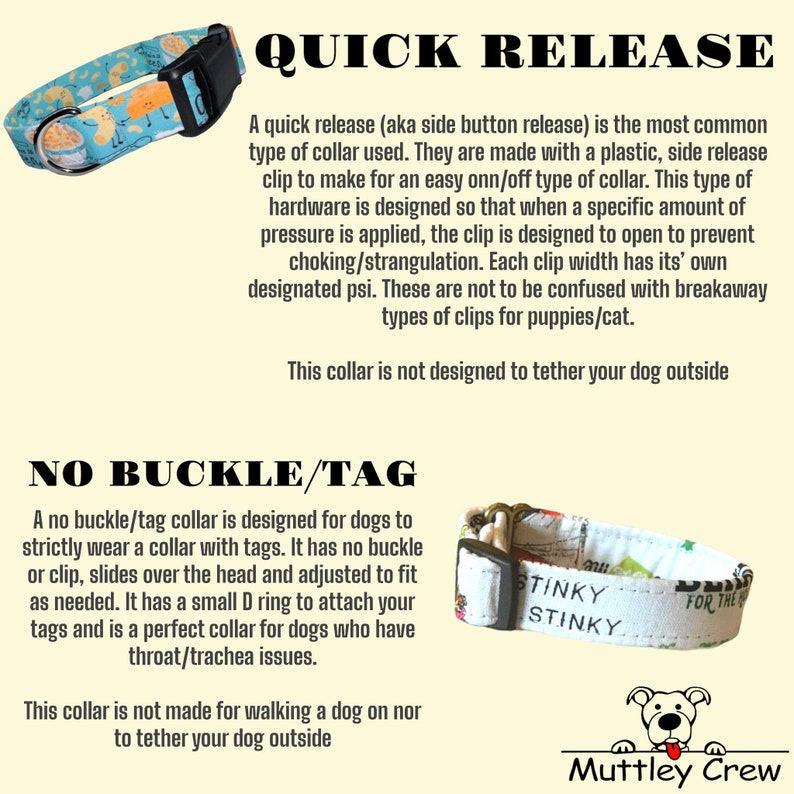 Pu&ograve; includere: Un collare per cani blu e bianco con motivo e fibbia a sgancio rapido. Il collare &egrave; progettato per cani con gola sensibile e non ha fibbia n&eacute; etichetta. Il testo "Quick Release" e "No Buckle/Tag" &egrave; stampato sull'immagine. Il testo "Tinky Stinky" &egrave; stampato su un secondo collare nell'immagine.