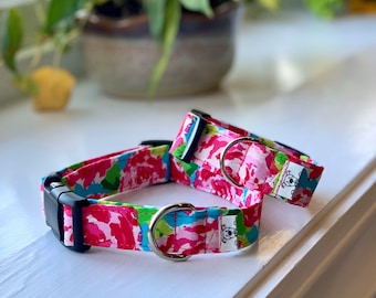 Lily inspired floral Dog Collar- Martingale- Quick Release- No Buckle Slide- Leash- Handmade Dog Collars