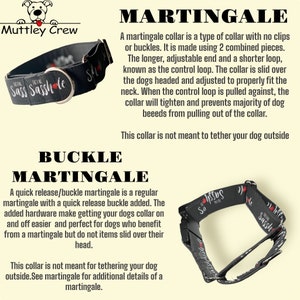 May include: Black and grey dog collar with the text "Total Sass" and a red heart. The collar is a martingale style with a buckle closure. The text "Buckle Martingale" is written in white on a black background.