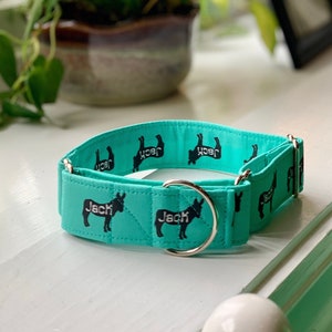 May include: A turquoise blue dog collar with a silver buckle. The collar is decorated with a repeating pattern of black silhouettes of donkeys with the name "Jack" printed on each donkey.