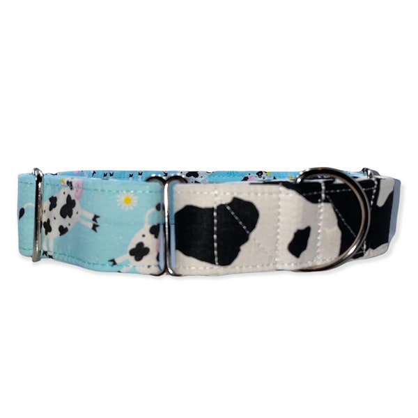 Spring Cow Dog Collar- Martingale- Quick Release- No Buckle Slide- Leash- Handmade Dog Collars