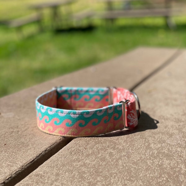 Coral Waves Dog Collar- Martingale- Quick Release- No Buckle Slide- Leash- Handmade Dog Collars