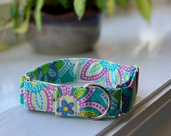 Spring floral in teal and purple Dog Collar- Martingale- Quick Release- No Buckle Slide- Leash- Handmade Dog Collars