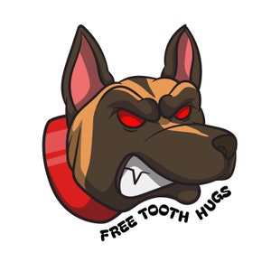 May include: Cartoon illustration of a brown and tan dog with red eyes and a red collar. The dog is snarling and the text "FREE TOOTH HUGS" is below the dog.