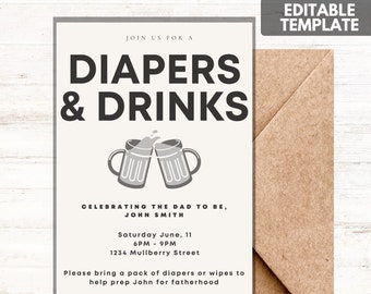 Invitación a fiesta de pañales de pañales y bebidas / Plantilla de invitación editable / Descarga digital instantánea