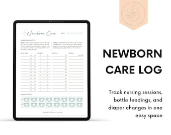 May include: A printable newborn care log with sections for tracking feedings, diaper changes, and other important information. The log has a green and white color scheme and includes a cute illustration of a baby.