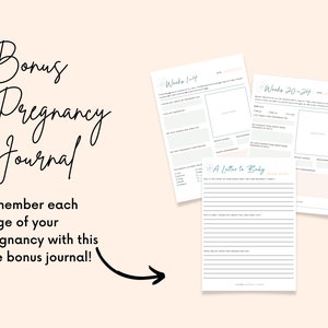 May include: A printable pregnancy journal with sections for weeks 1-4 and 20-24. The journal includes a section titled "A Letter to Baby" with lined space for writing.