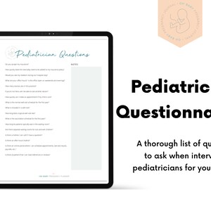 Może przedstawiać: Drukowana lista kontrolna pytań do zadania potencjalnym pediatrom dla Twojego dziecka. Lista zawiera pytania dotyczące ubezpieczenia, godzin pracy, dostępności i nie tylko.