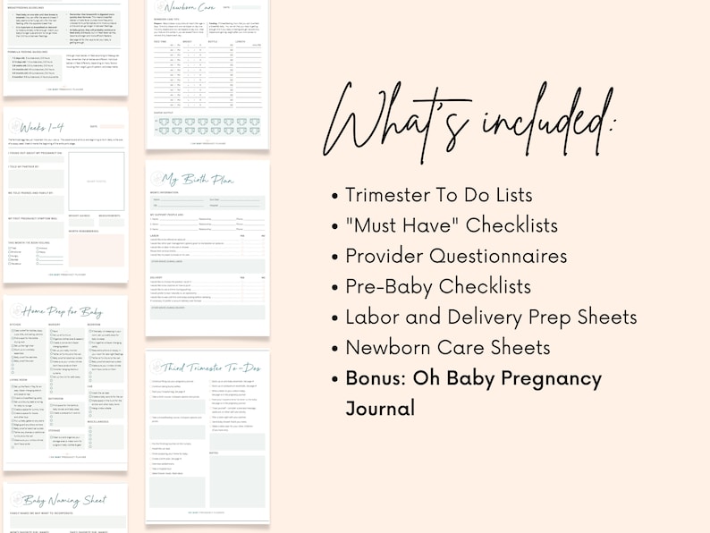 May include: A printable checklist for pregnancy and childbirth. The checklist includes sections for trimester to-do lists, "Must Have" checklists, provider questionnaires, pre-baby checklists, labor and delivery prep sheets, newborn care sheets, and a bonus Oh Baby Pregnancy Journal.