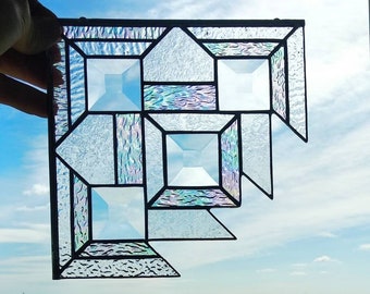 Apanhador de sol de canto com vitral geométrico - Design chanfrado