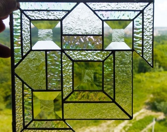 Apanhador de sol de canto com vitral geométrico – Estilo Frank Lloyd Wright, conjunto de 2