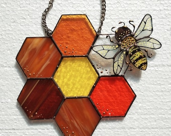 Abelha - Favos de mel - Vitral em forma de favo de mel - Presente para amantes da natureza - - Favo de mel feito à mão