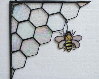 Handmade Stained Glass Honeycomb Corner with Bee – Nature Lover Decor