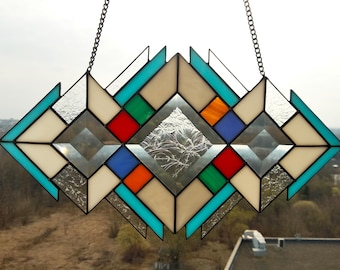Painel geométrico de vitral – Arte para janela suspensa, 35 x 20 cm