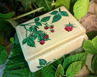 ラズベリーブッシュ - 手描きの木箱 - 果物、自然、植物、花、木、宝石箱、パーソナライズされたギフト、オリジナルデザイン