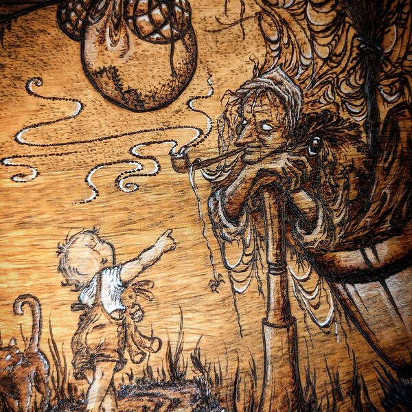 Rencontre avec Baba Yaga - Boîte en Bois Pyrogravée à la Main - Conte de Fées, Sorcière, Enfant, Chat, Crâne, Cabane, Design Original