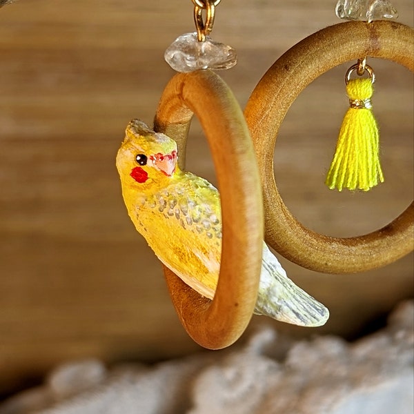 Calopsitte - Boucles d'Oreilles Bois sculpté Asymétriques, Citrine, Lutino, Perruche Nymphique, Cockatiel, Calopsitte Elégante, Oiseau Jaune