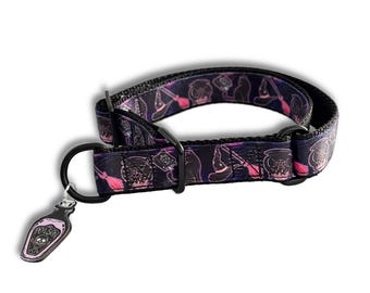Gothic Witch Limited Slip Dog Collar: Halloween Occult Fabric, No Pull, 1" or 1.5"