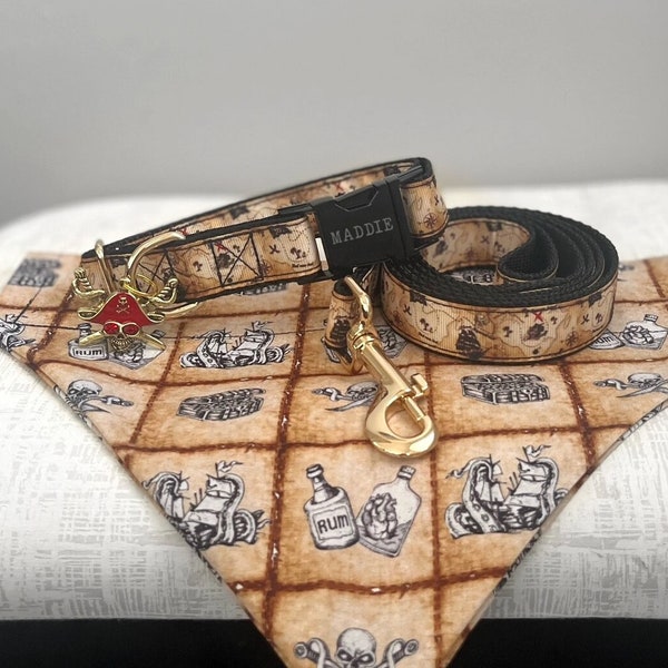 HOOK SET - Pirate Dog Collar and Leash Set - 3 Piece Summer Dog Collar Set - Treasure Map Dog Collar and Leash - Pirate Gold Dog Collar Set