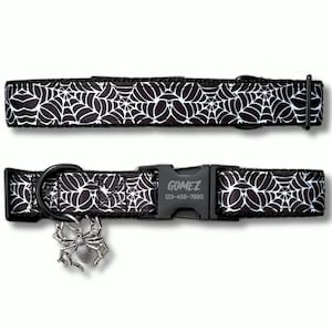 Collar gótico para perro con diseño de telaraña: Estampado espeluznante de Halloween, metal negro y nailon, collar con nombre