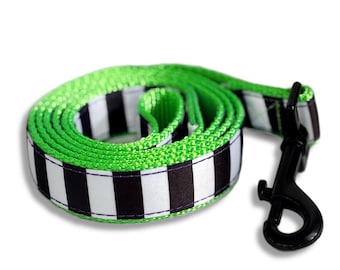 Beetle Leash - Black and White Stripe Dog Leash, Lime Green Nylon Fabric Leash, Spooky Halloween Pet Lead, Black Metal Personalized Leash
