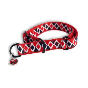 Red and Black Diamond Slip On Dog Collar: Jester Pattern Nylon Martingale, No Escape Pet Collar