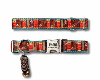 Hawaiian Tiki Dog Collar: Polynesian Tropical Pattern, Collar With Personalized Buckle, XS-XXL