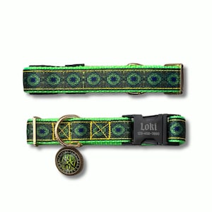 May include: Two green and gold dog collars with a geometric pattern. One collar has a black buckle with the name "Loki" and a phone number. The other collar has a gold-colored charm. The collars are on a white background.