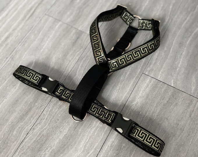 MUSE HARNESS Greek Key Harness Black and Gold Dog Harness Adjustable