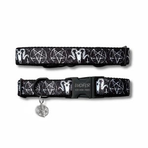 Gothic Goat Skull Dog Collar: Satanic Pentagram & Baphomet Fabric, Adjustable Nylon Collar, Engraved Buckle