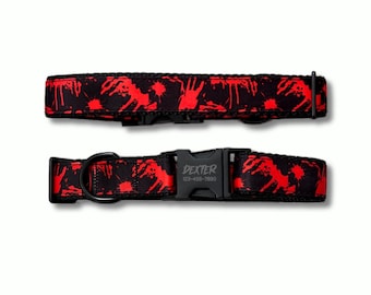 Gothic Blood Splatter Dog Collar: Halloween Horror Pattern, Adjustable Sizing, Engraved Metal Buckle
