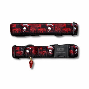 May include: A black and red pet collar featuring a repeating grim reaper pattern, a black plastic buckle engraved with the text GRIM and 123-456-7890, a black metal D-ring, and a small red coffin-shaped charm hanging from the collar hardware.