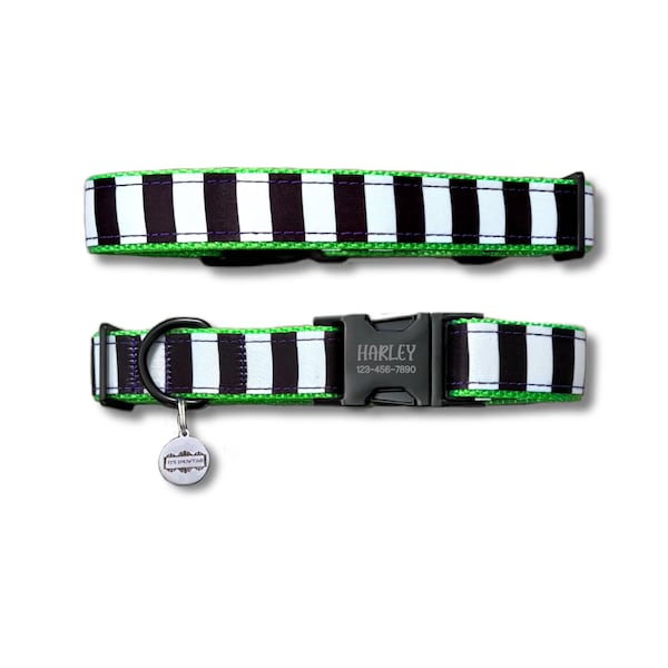 Svartvitt randigt hundhalsband: Halloween-design, personligt metallspänne, justerbart nylonhalsband