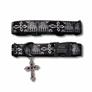 Collar para perro con cruz gótica y vidriera de catedral: estampado ocultista, tela de nailon ajustable, hebilla personalizable