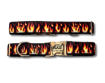Red Flame Dog Collar: Fire Pattern, Adjustable Black Nylon, Gold Metal Quick Release Buckle, Personalized