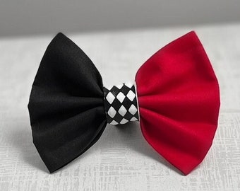 HARLEEN BOW TIE - Red and Black Split Color Bow Tie - Fashion Pet Bow - Jester Dog Collar Bow Tie - Diamond Dog Bow Tie - Dog Collar Bow Tie