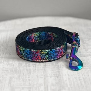 JADE LEASH - Rainbow Leopard Dog Leash - 5/8&quot; or 1&quot; Colorful Animal Print Leash - Custom Nylon Dog Leash - Fashion Fabric Lead For Pets