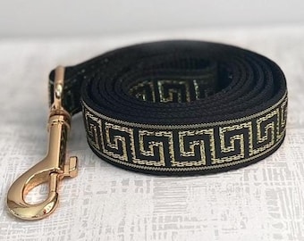 MUSE LEASH - Gold Metallic Greek Key Dog Leash - 5/8&quot; or 1&quot; Wide Custom Nylon Leash - Personalized Fabric Leash For Pets - Gold Metal Lead