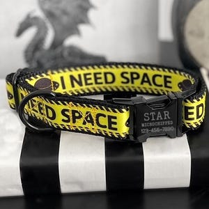 E.T. - I Need Space Dog Collar, Alien UFO Fabric Collar With Name Engraved, Adjustable Yellow Caution Tape Collar, Reactive Dog Nylon Collar