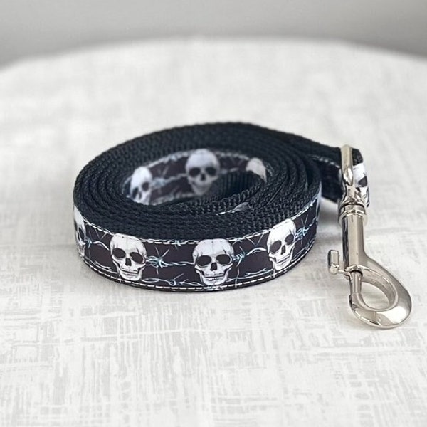 FESTER LEASH - Skull and Barbed Wire Dog Leash - 5/8" or 1" Wide Silver Metal Nylon Lead - Punk Skeleton Pet Leash - Halloween Dog Leash