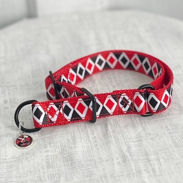 HARLEEN Limited Slip - Red and Black Diamond Dog Collar - Limited Slip Dog Collar - Diamond Martingale Dog Collar - Jester Dog Collar