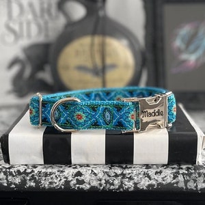 COCO - Blue Floral Damask Dog Collar - Personalized Silver Metal or Plastic Buckle Collar - Spring Pattern Nylon Collar - ID Dog Collar