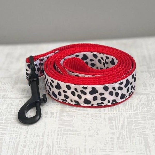 CRUELLA LEASH - Dalmatian Dog Leash - Black and White Spotted Leash - Red Nylon Pet Leash - Personalized Dog Leash - Halloween Dog Leash