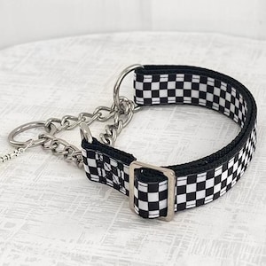Mate Martingale - Black and White Checker Fabric Martingale, 5/8&quot; 1&quot; 1.5&quot; Wide Silver Metal Chain Martingale, Custom No Pull Dog Collar