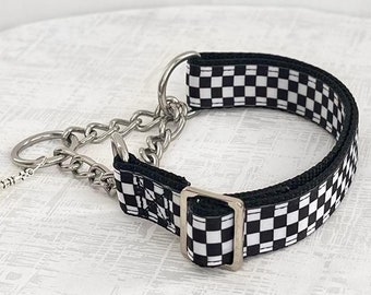 Mate Martingale - Black and White Checker Fabric Martingale, 5/8" 1" 1.5" Wide Silver Metal Chain Martingale, Custom No Pull Dog Collar
