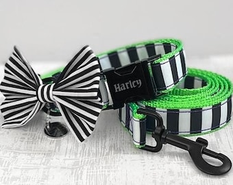 BEETLE SET - Black and White Stripe Dog Collar and Leash Set - 3 Piece Halloween Dog Collar Set - It&#39;s Showtime Dog Collar and Leash Set